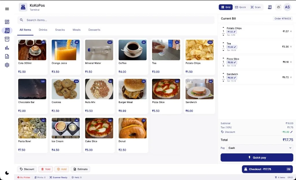 KoKoPos billing screen with product grid and current bill